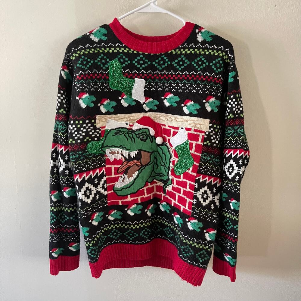 Blizzard Bay T-Rex Chimney Ugly Christmas Sweater Mens Small Black Dinosaur Knit